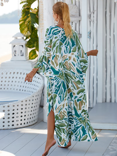 Sexy Plant Printed Bikini Cover-ups Casual V-neck Side Split Summer Beach Dress Women Beach Wear Swim Suit Cover Up Q1297-8772-26