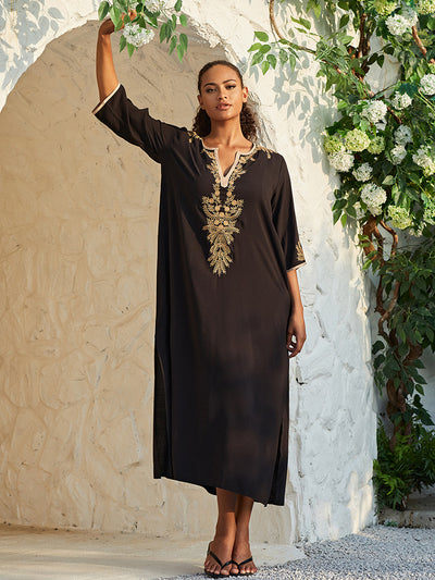 Beach Cover-ups Embroidery Vintage Ladies Tunics Kaftan Summer Dress Beach Wear Swim Suit Cover Up Robe de Plage Q1155-black