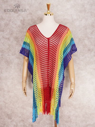Boho Rainbow Striped Gradient Crochet Bathing Suit Cover-ups Plus Size Women Summer Beach Wear Tops Swimsuit Cover Up Q1303-2327