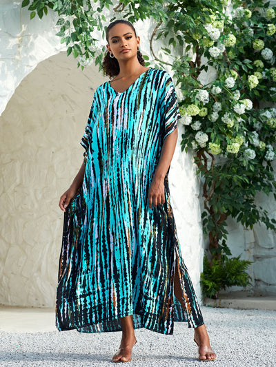 Bohemian Print Women Beach Maxi Dress Bathing Suit Cover Up Summer Autumn Woman Beachwear Cover-ups Loose Slit Kaftan Q1218-730