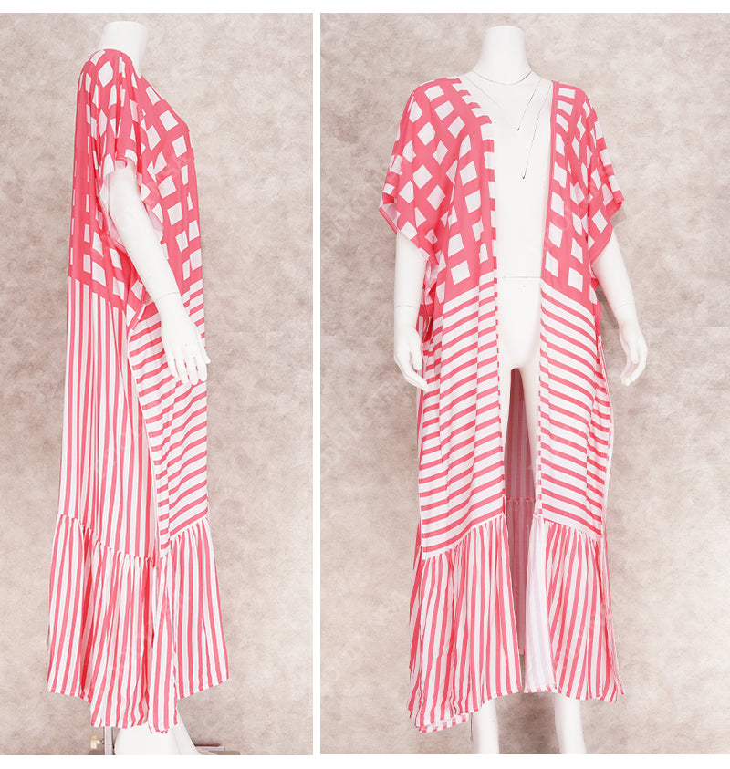 Bohemian Striped Half Sleeve Flowy Kimono Dress Plus Size Women Clothing Beach Wear Swim Suit Cover-ups 2023 Loose Outfit Q1347-960-3