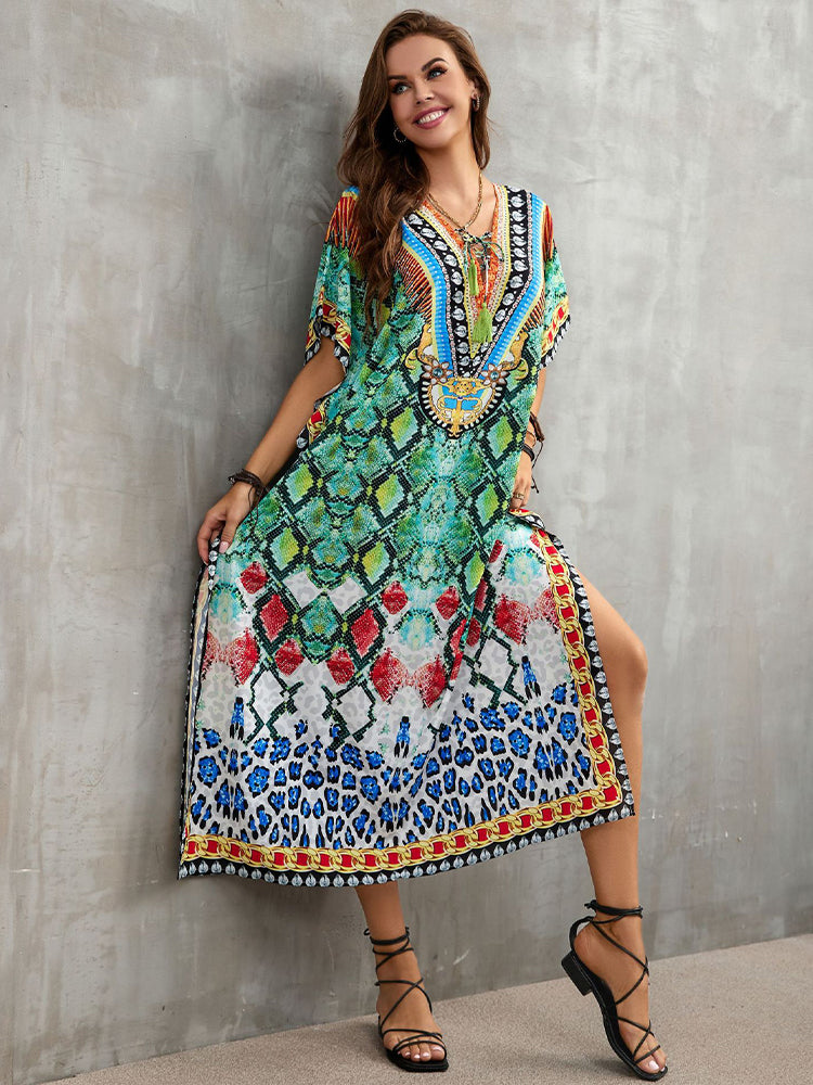 Bohemian Print V Neck Side Slit Loose Kaftan Casual Holiday Dress Women Summer Beachwear Swimsuit Cover-ups Q1383-2