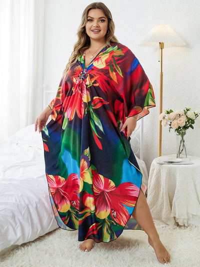 Print Maxi Dress Batwing Sleeve Tunic Spring Autumn Beach Dress Casual Plus Size Women Beachwear Kaftan Cover-ups Q1289-8693-17