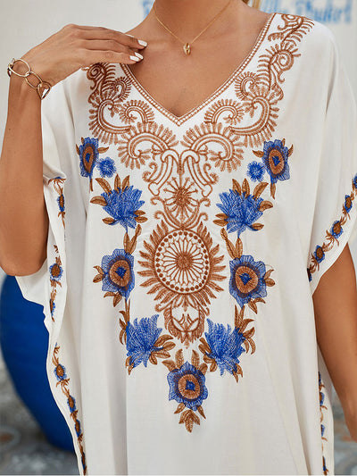 Vintage Embroidered Long Kaftan Casual V-neck Maxi Dress Summer Clothes Women Beach Wear Swim Suit Cover Up Q1490-white