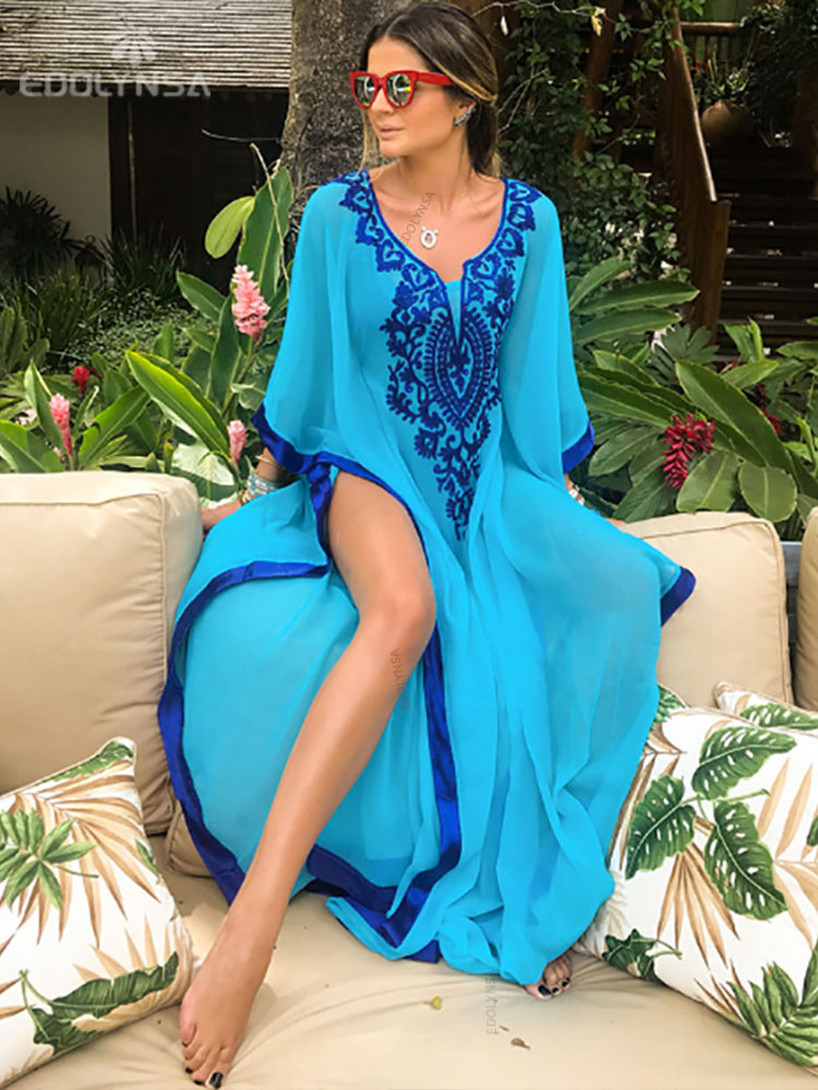 Bohemian Embroider Summer Beach Dress Women Plus Size Beachwear Loose Kaftan Sexy Half Sleeve Chiffon Maxi Dress Robe Q746-Blue