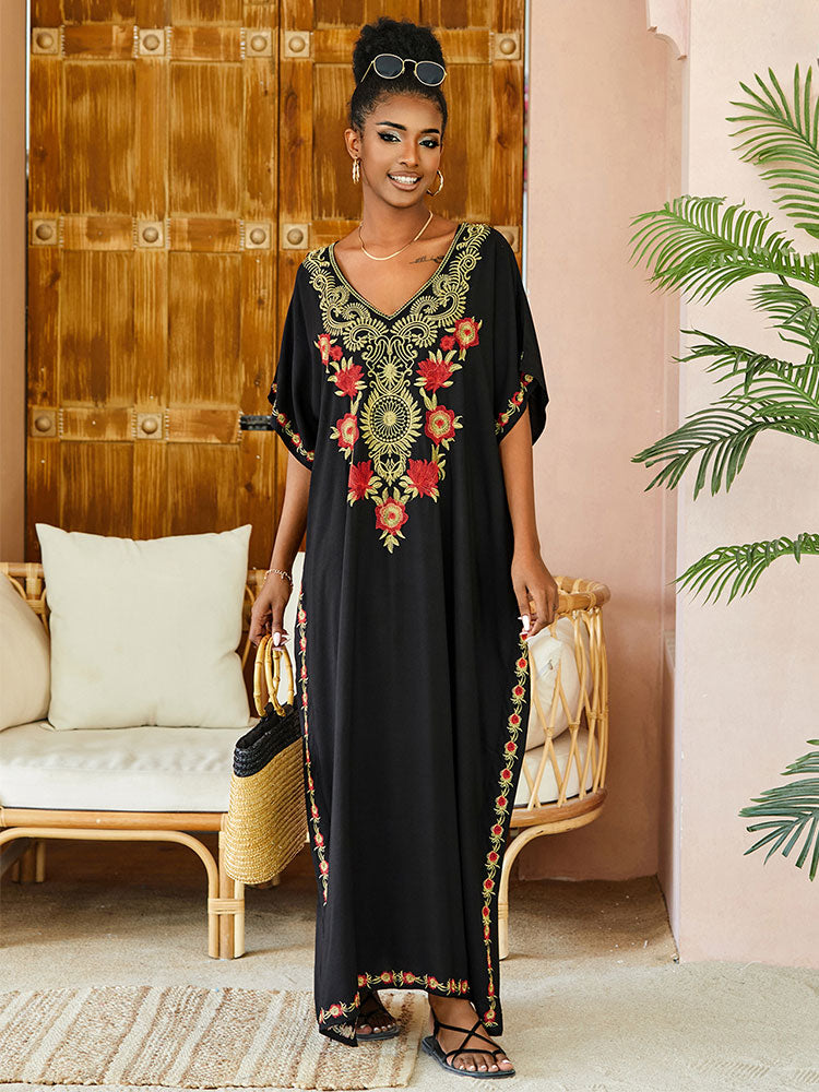 V-neck Short Sleeve Casual Embroidery Button Kaftan Maxi Dress Tunic Women Summer Clothes Beachwear Swimsuit Cover Up Q1490-black