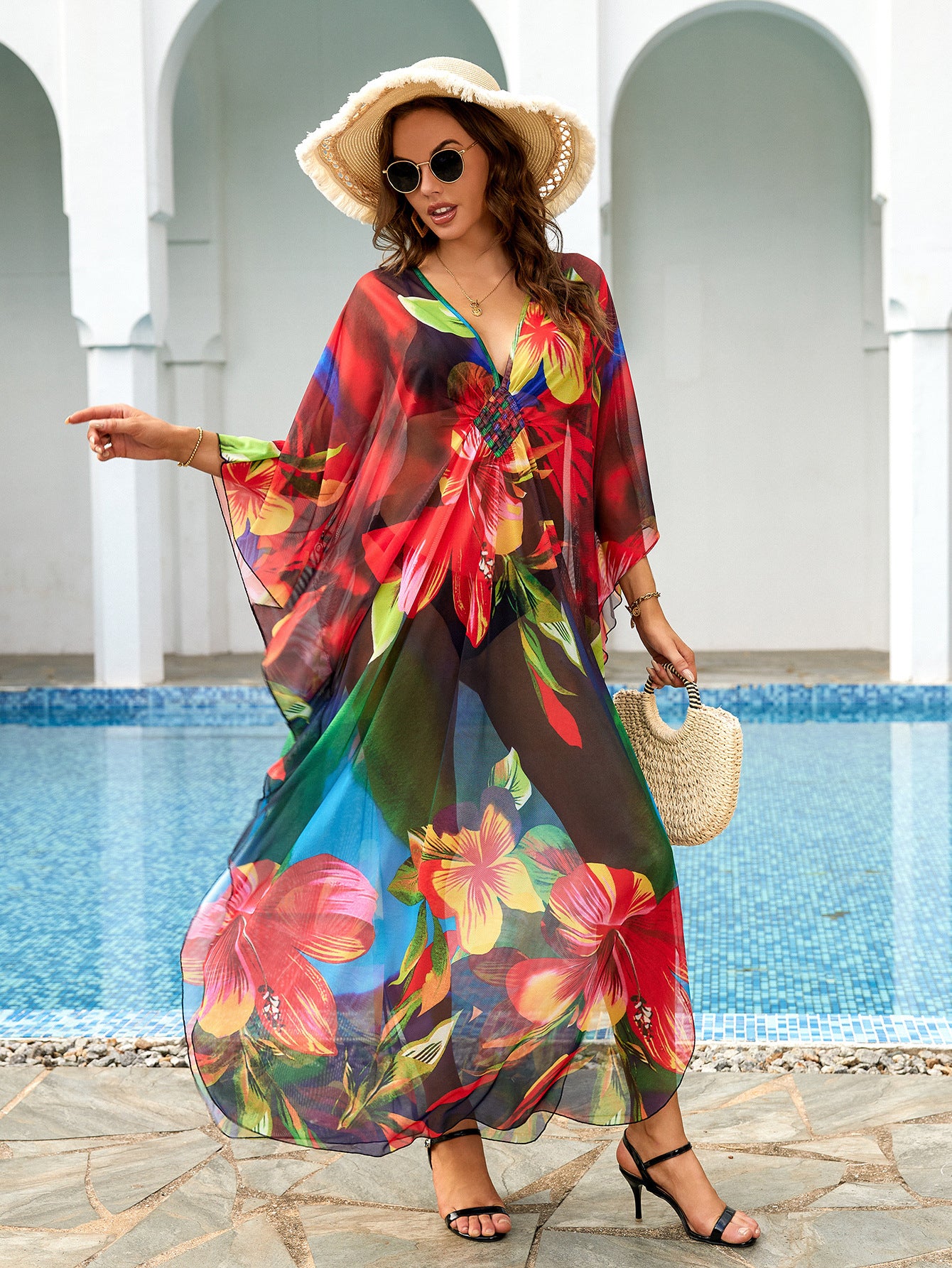 Plus Graphic Print Batwing Sleeve Split Thigh Cover Up Dress Q1559-8749