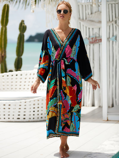 Bohemian Printed Long Kimono Dresses Plus Size Batwing Sleeve Dress Summer 2023 Women Loose Beach Wear Midi Dress Sarong Q1512-1120-4