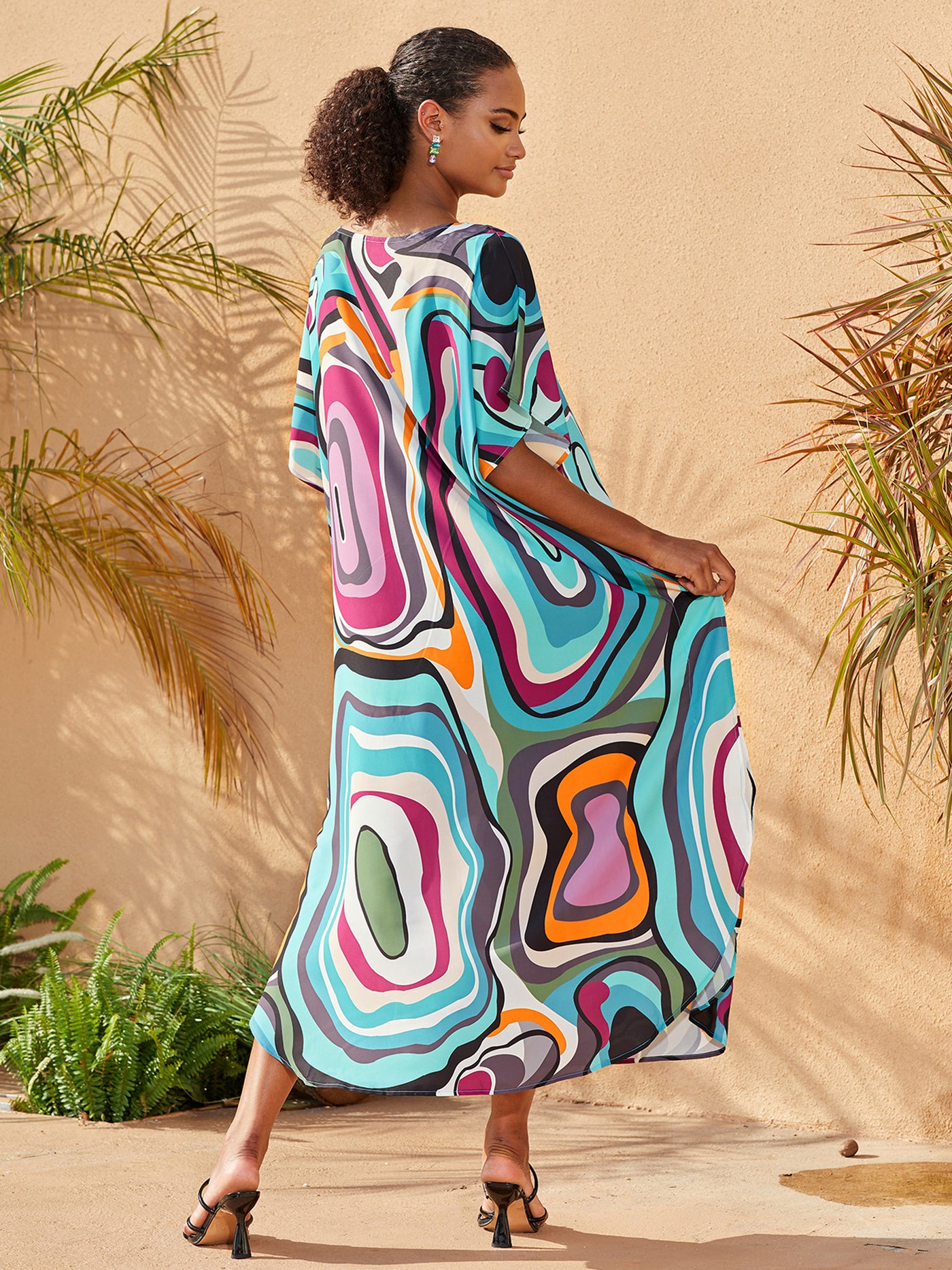 Plus Size Bathing Suit Cover Up for Women Colorful Printed Kaftan Casual Short Sleeve Robe Crew Neck Beach Dress Q1563
