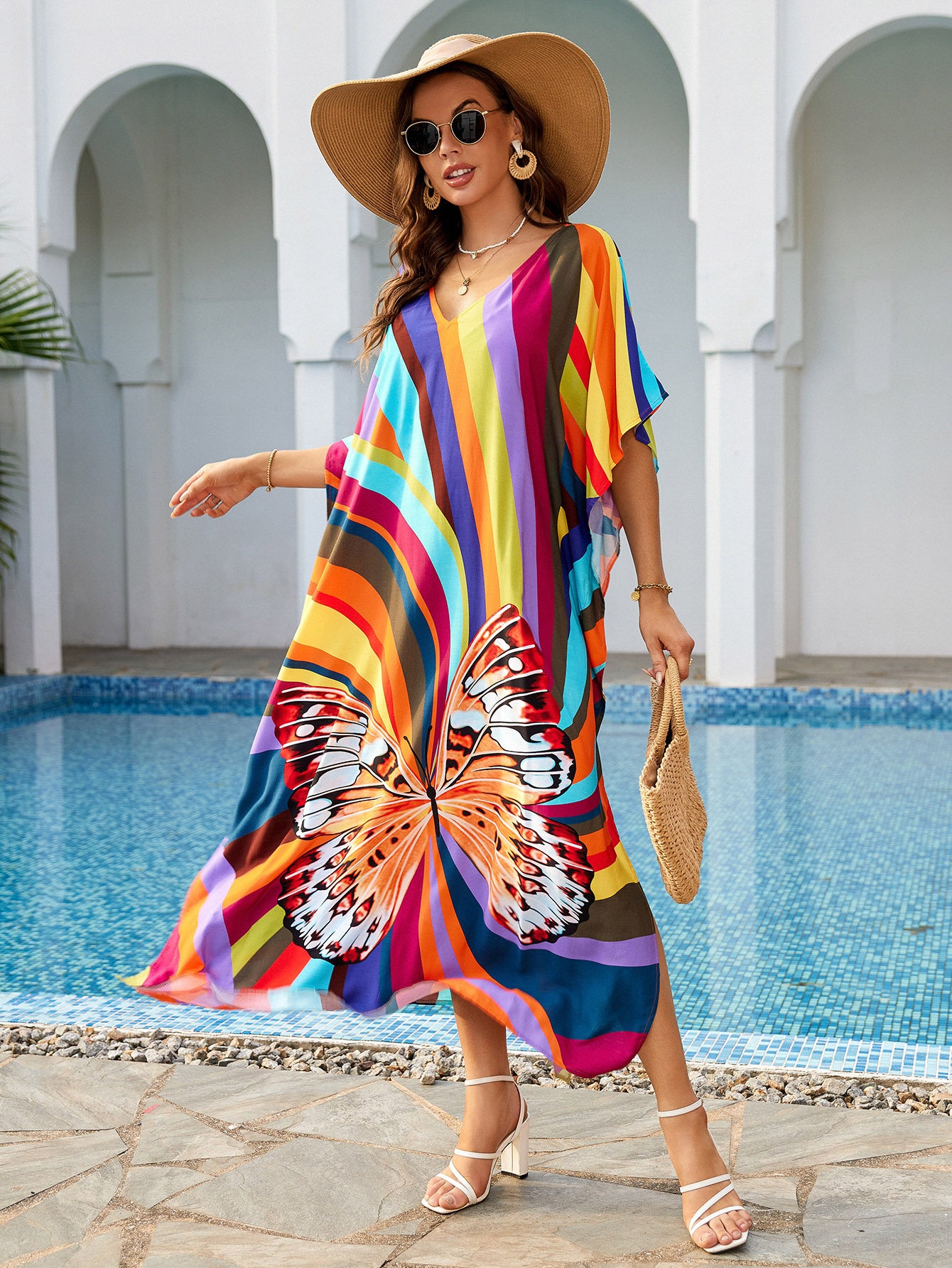Boho Printed Beachwear Coverup Women Plus Size Beach Dress Loose African Caftan Robe Elegant Summer Colorful Outfit Q1564-1128