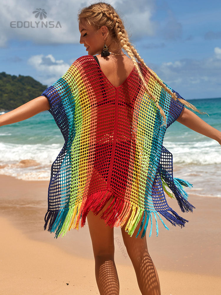 Boho Rainbow Striped Gradient Crochet Bathing Suit Cover-ups Plus Size Women Summer Beach Wear Tops Swimsuit Cover Up Q1303-2327