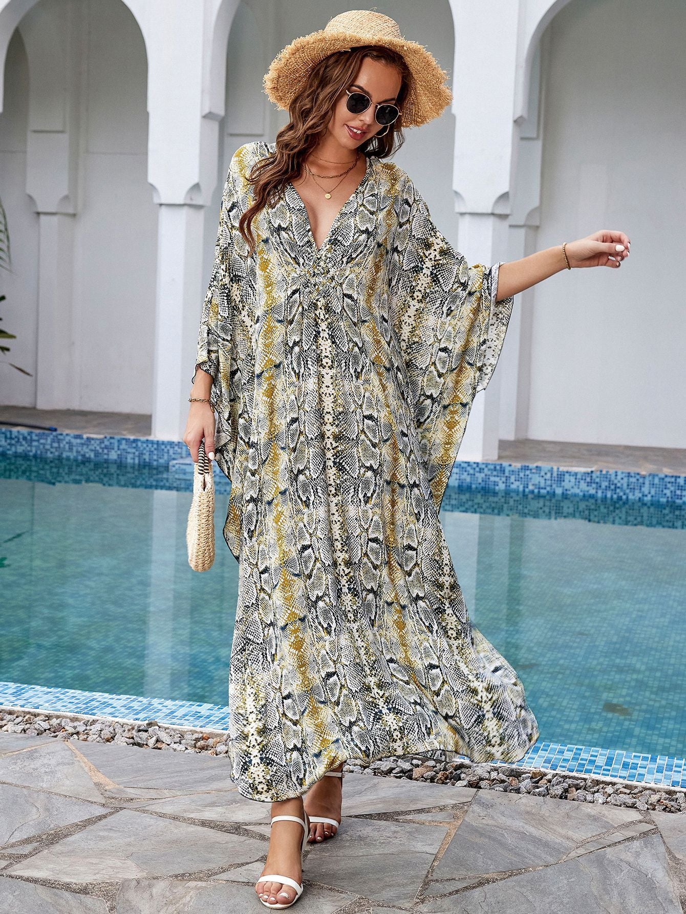 Tie Dye Batwing Sleeve Split Thigh Cover Up Q1578-8752-8