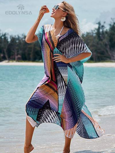 Quick-drying Bikini Cover-ups Bohemian Print V-neck Summer Dress Beach Tunic Women Beachwear Kaftan Swimsuit Cover Up Q1161