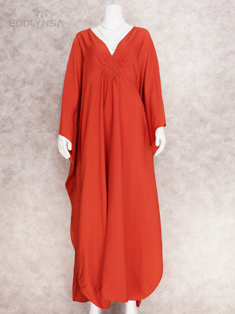 Solid V-neck Batwing Sleeve Plus Size Kaftan Loose Maxi Dresses Women Summer Beachwear Bathing Robe Soft House Dress Q1306-8702-11