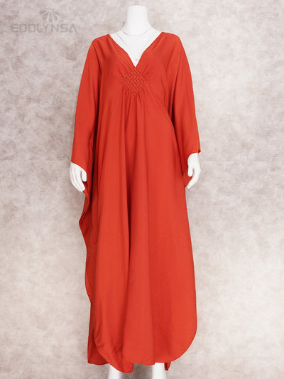 Solid V-neck Batwing Sleeve Plus Size Kaftan Loose Maxi Dresses Women Summer Beachwear Bathing Robe Soft House Dress Q1306-8702-11