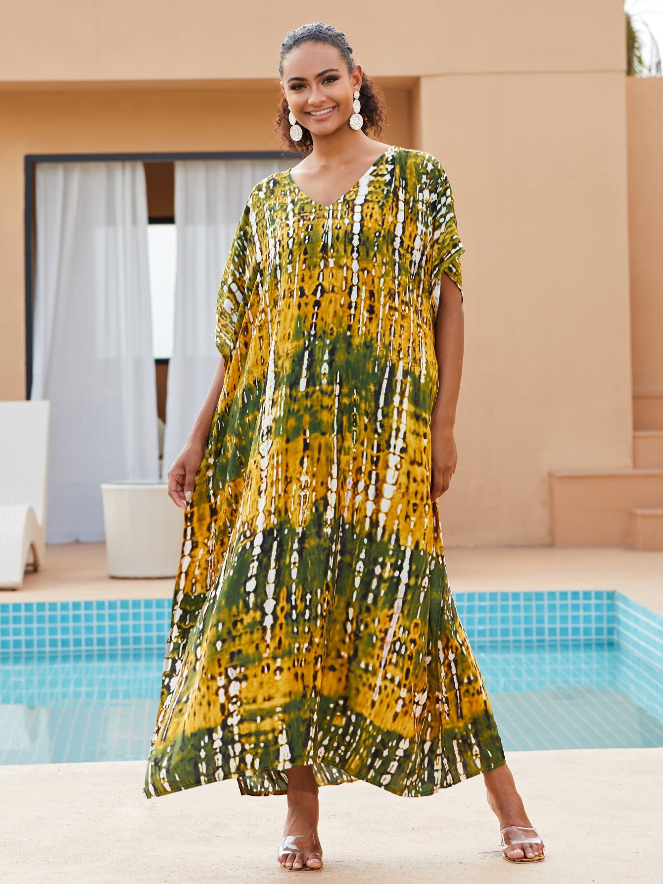 Casual Tie-dye Kaftan Robe Striped Printed V Neck Batwing Sleeve  Women Summer Maxi Dresses Beachwear Cover-ups Q1218-730-29