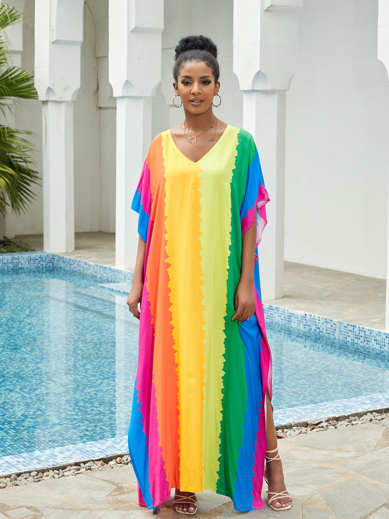 Boho Colourful Print Kaftan Casual V Neck Half Sleeve Summer Side Split Loose Dress 2023 Woman Beachwear Swimsuit Cover Up Q1546-1126-1