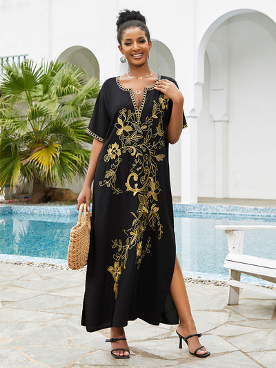 Black Plus Size Kaftan Dress Women V Neck Slit Embroidery Beachwear Cover-ups Short Sleeve Casual Resort Wear African Robe Q1544