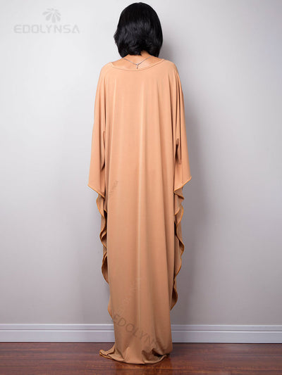 Solid V-neck Batwing Sleeve Plus Size Kaftan Loose Maxi Dresses Women Summer Beachwear Bathing Robe Soft House Dress Q1306-8702-5