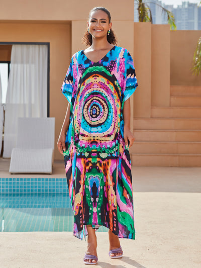 Bohemian Printed Comfy V Neck Loose Beach Dress African Summer Women Beachwear Batwing Sleeve Bathing Suit Cover Up Q1577-1127-2