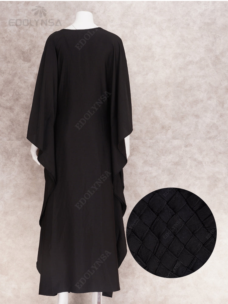 Solid V-neck Batwing Sleeve Plus Size Kaftan Loose Maxi Dresses Women Summer Beachwear Bathing Robe Soft House Dress Q1306-8702-2