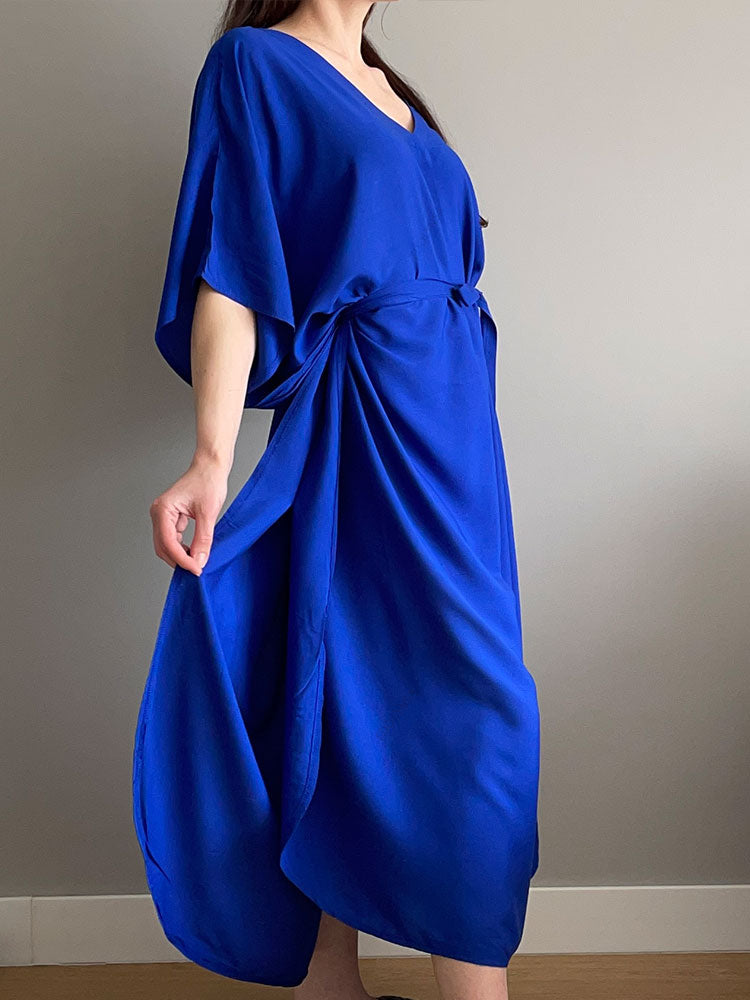 Solid Blue Plus Size Long Kaftan Casual V-neck Robe Summer Autumn Maxi Dress Woman Outfit Beachwear Swimsuit Cover Up Q1384-Blue