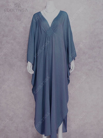 Solid V-neck Batwing Sleeve Plus Size Kaftan Loose Maxi Dresses Women Summer Beachwear Bathing Robe Soft House Dress Q1306-8702-12