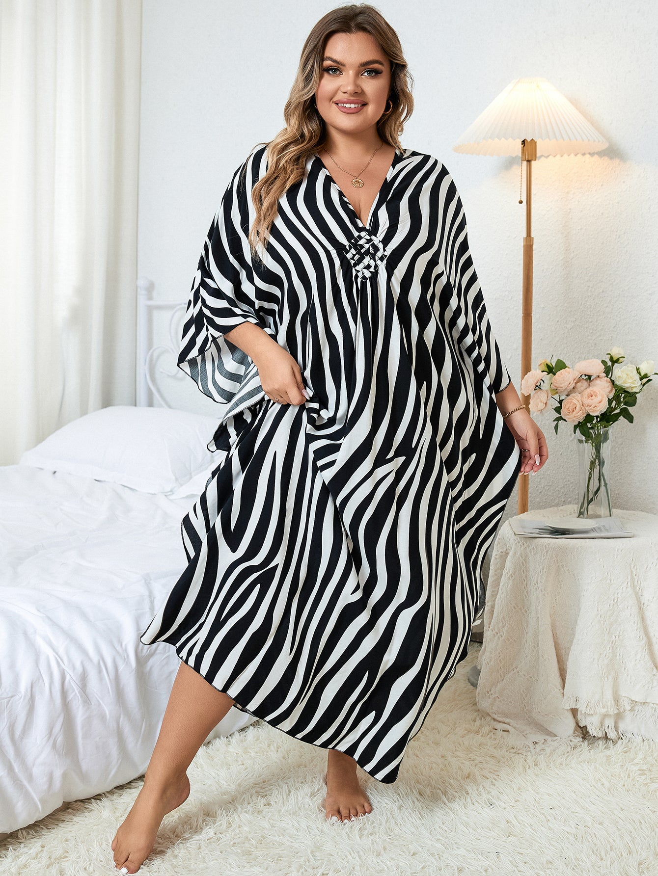 Sexy Zebra Striped Bikini Cover-ups Casual V-neck Side Split Summer Beach Dress Women Beach Wear Swim Suit Cover Up Q1297-8772