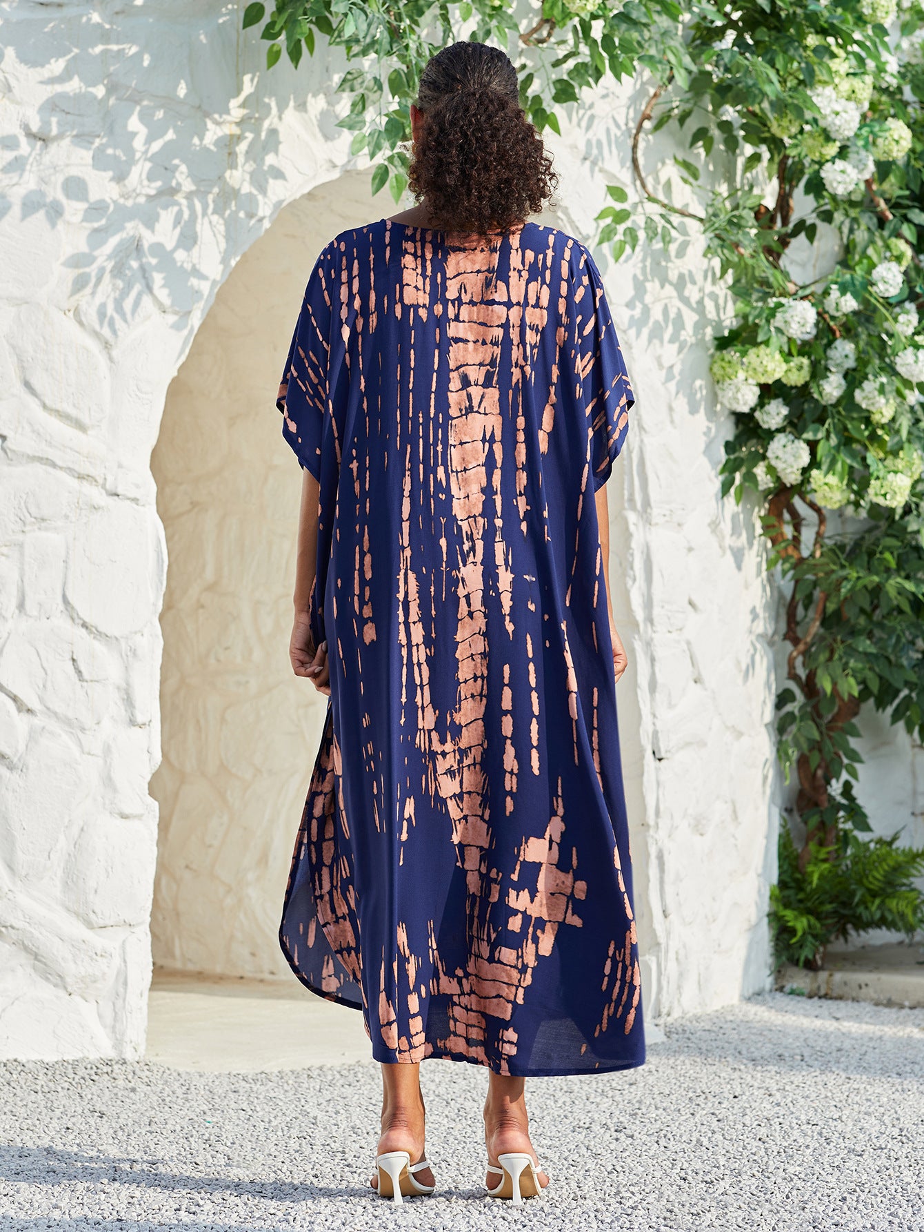 Bohemian Plus Size Striped Print Kaftan Maxi Dress Slit Loose Robe Women  Summer Autumn Beachwear Swimsuit Cover-ups Q1218-730-6