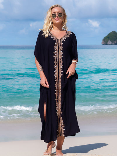 Elegant Gold Embroidered Kaftan Long Black Tunic Loose Maxi Dress Women Summer Clothing Beach Wear Swim Suit Cover Up Q1455