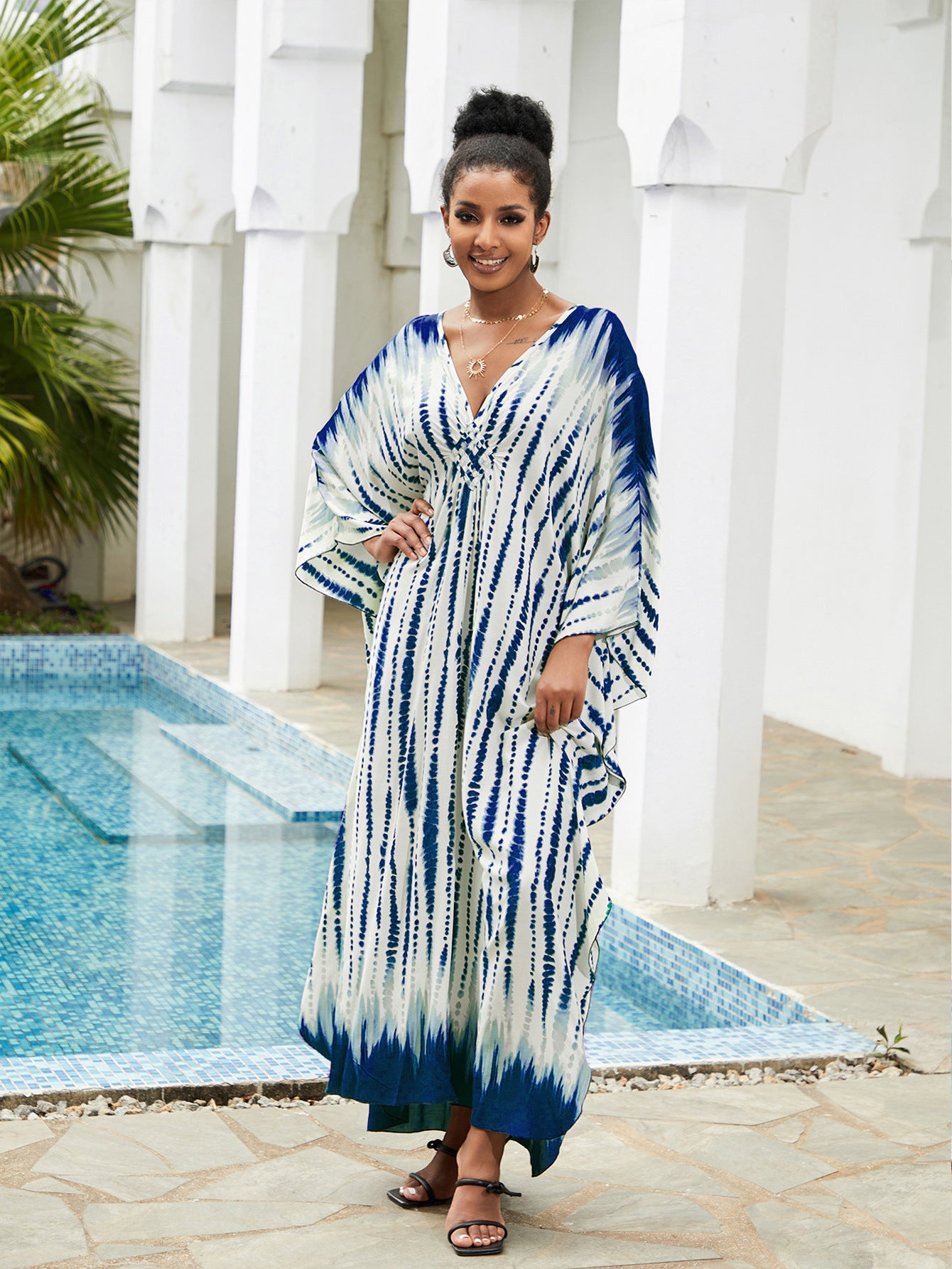Tie Dye Batwing Sleeve Split Thigh Cover Up Q1523-8744-4