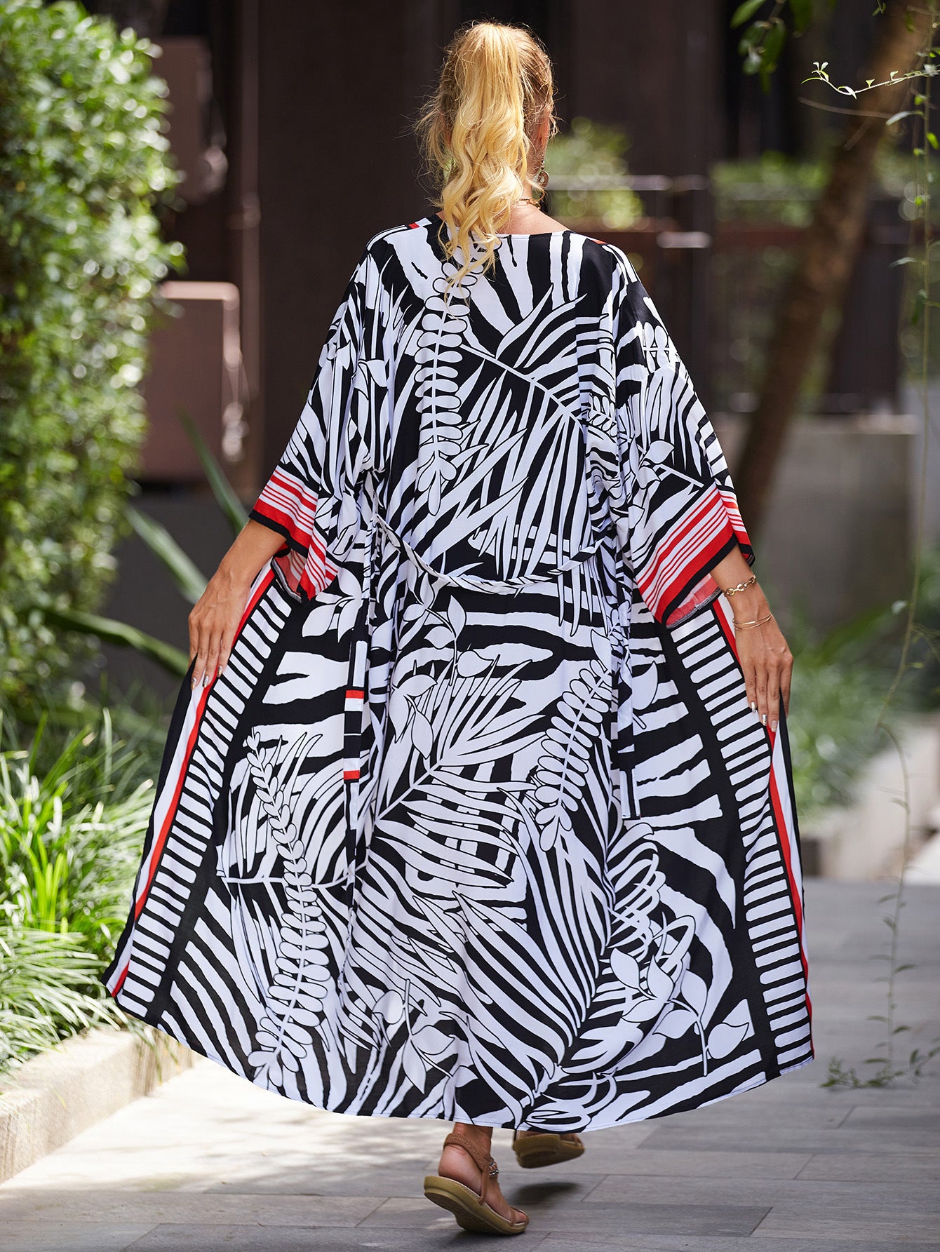 Boho Printed Long Sleeve Self Belte Kimono Dress Bath Tunic Women Clothes Beachwear Swimsuit Cover Up saida de praia Q1451-1085-11