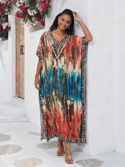Tie Dye Multicolor Print V Neck Bathing Suit Cover Up Holiday Flowy Beach Dress 2023 Women Causal Batwing Sleeve Beachwear Q1577-1127-3