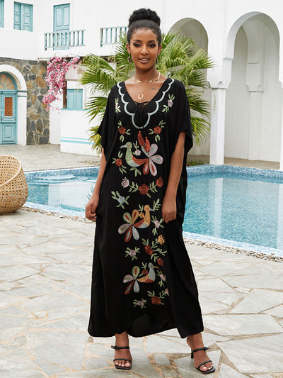 Elegant Embroidery Kaftan Robe Lace-up V-Neck Side Slit Maxi Dress  Summer Women Clothes Plus Size Beachwear Cover-ups Q1543