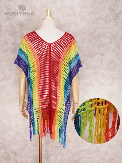 Boho Rainbow Striped Gradient Crochet Bathing Suit Cover-ups Plus Size Women Summer Beach Wear Tops Swimsuit Cover Up Q1303-2327