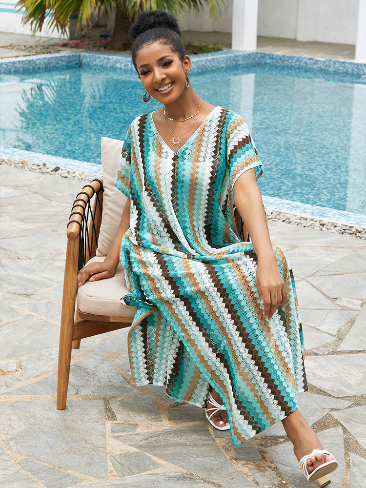 Sexy Print V-neck Half Sleeve Slit Maxi Dress Casual Beachwear Bikini Cover Up 2023 Summer Autumn Women Outfit Loose Robe Q1538
