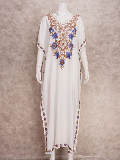 Vintage Embroidered Long Kaftan Casual V-neck Maxi Dress Summer Clothes Women Beach Wear Swim Suit Cover Up Q1490-white