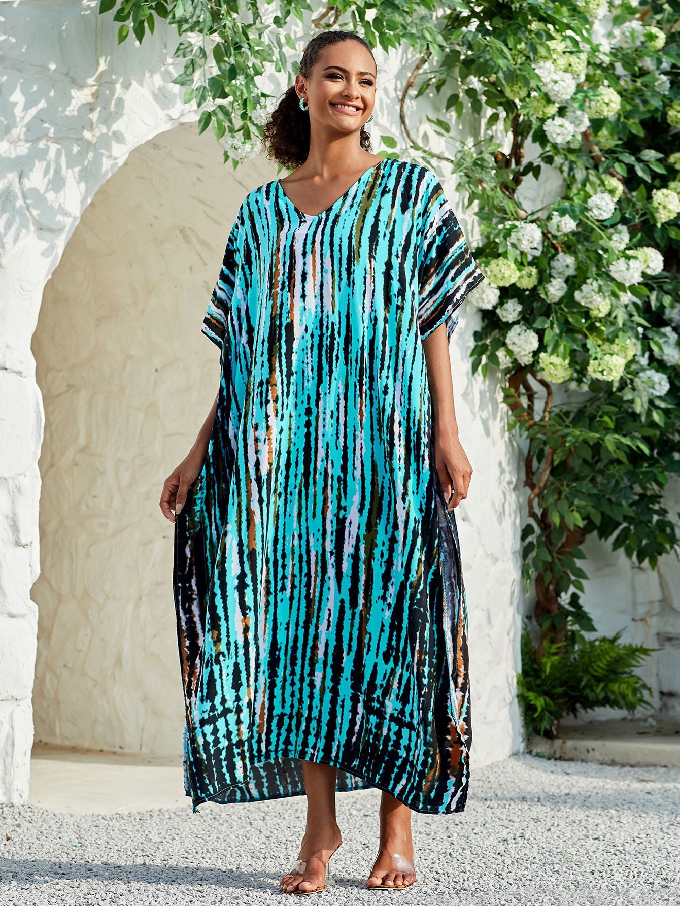 Bohemian Print Women Beach Maxi Dress Bathing Suit Cover Up Summer Autumn Woman Beachwear Cover-ups Loose Slit Kaftan Q1218-730