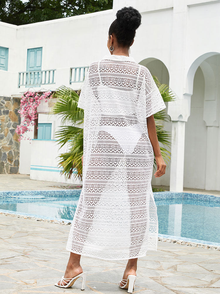 Sexy Lace Hollow Out Shirt Collar Bikini Cover-ups White Dress Women Summer Autumn Beachwear Swimsuit Cover Up Outfit Q1539