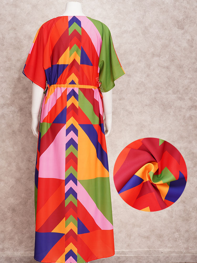 Bohemian Print Half Sleeve High Waist Self Belted Maxi Dress Tunic Women Summer Clothes Beach Wear Swim Suit Cover Up Q1461