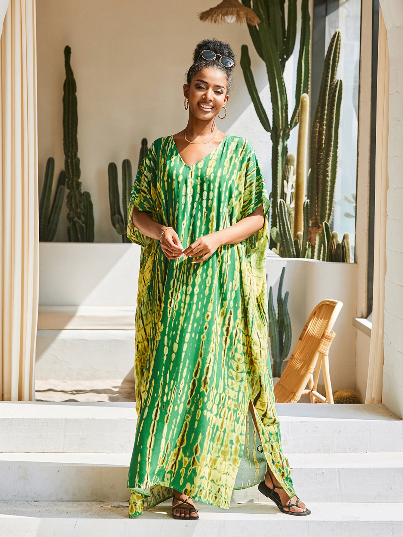Women Casual African Kaftan Robe Striped Print Batwing Sleeve Beachwear Cover Up Maxi Dress pareos de playa mujer Q1218-730-19