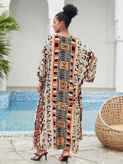 Bohemian Printed Elegant Self Belted Kimono Dress Tunic Women Clothing Plus Size Beach Wear Swim Suit Cover Up Q1228-4