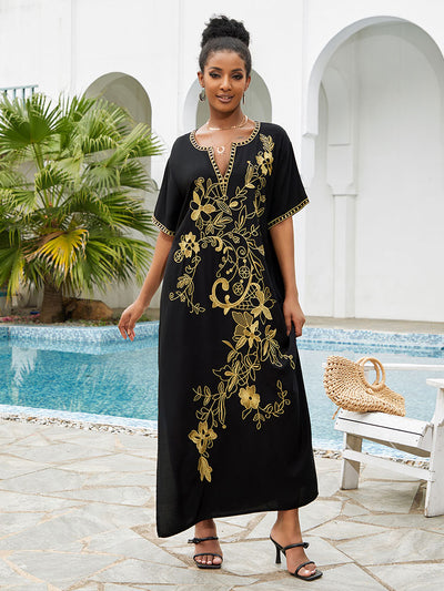 Black Plus Size Kaftan Dress Women V Neck Slit Embroidery Beachwear Cover-ups Short Sleeve Casual Resort Wear African Robe Q1544