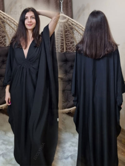 Solid V-neck Batwing Sleeve Plus Size Kaftan Loose Maxi Dresses Women Summer Beachwear Bathing Robe Soft House Dress Q1306-8702-2
