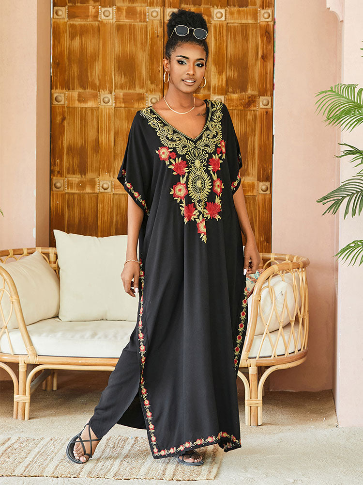 V-neck Short Sleeve Casual Embroidery Button Kaftan Maxi Dress Tunic Women Summer Clothes Beachwear Swimsuit Cover Up Q1490-black