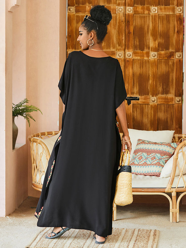 V-neck Short Sleeve Casual Embroidery Button Kaftan Maxi Dress Tunic Women Summer Clothes Beachwear Swimsuit Cover Up Q1490-black
