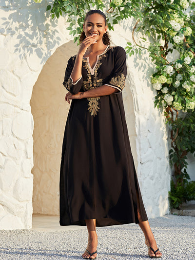 Beach Cover-ups Embroidery Vintage Ladies Tunics Kaftan Summer Dress Beach Wear Swim Suit Cover Up Robe de Plage Q1155-black