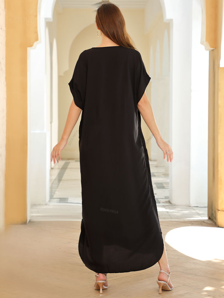 Embroidered Long Kaftan Dresses for Women Turkish Caftan Robe Plus Size Bathing Suit Cover ups Lightweight Outfit Q660-black