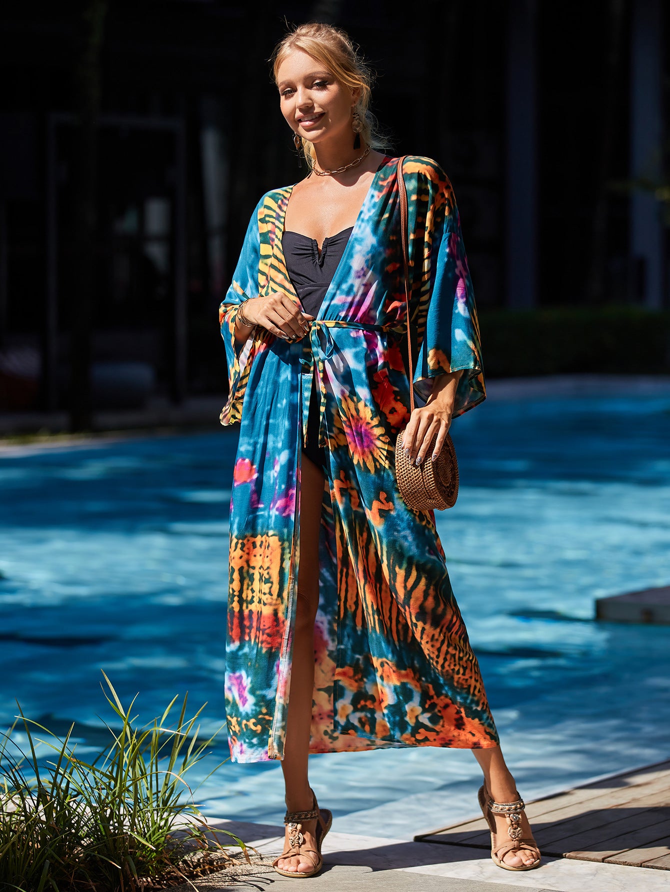 Casual Print Long Sleeve Loose Kimono Dress Belted Women Beachwear Swimsuit Cover-ups Bathing Robe Bikini Cover Up Q1451-1085-2