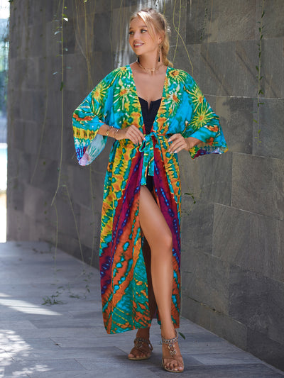 Casual Printed Long Sleeve Belt Kimono Beach Maxi Dress Women Bath Tunic Beachwear Swimsuit Cover-ups saida de praia Q1451-1085-14